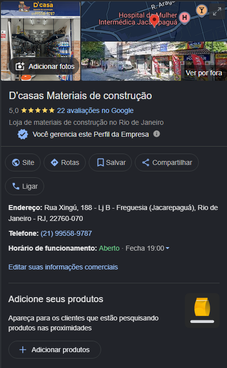 Perfil do Google Meu Negócio da D'casa Materiais de Construção